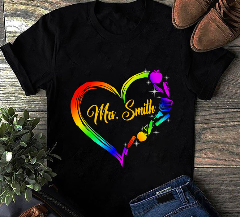 Personalized T-Shirt For Teacher Colorful Heart School Supplies Custom Name Shirt Gifts For Back To School