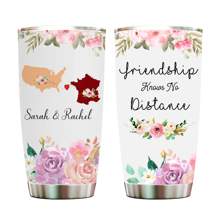 Personalized Tumbler For Bestie State To State Gifts Flower Friendship Knows No Distance Custom Name 20oz Travel Cup