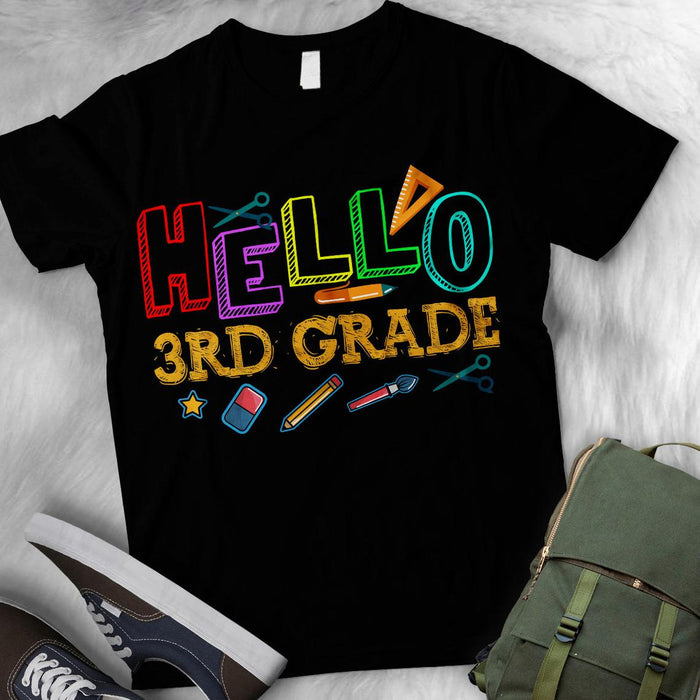 Personalized T-Shirt For Kids Hello 3rd Grade Back To School Outfit Ruler Pencil Eraser Printed Custom Grade Level