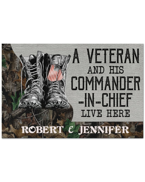 Personalized Welcome Doormat A Veteran And His Commander-In-Chief Live Here Military Combat Boots Printed Custom Names