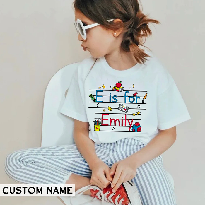 Personalized T-Shirt For Kid E Is For Emily Colorful School Supplies Print Custom Name Back To School Outfit