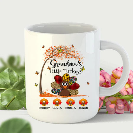 Personalized Coffee Mug Gifts For Grandma Nana Little Turkeys Autumn Tree Custom Grandkids Name Thanksgiving White Cup