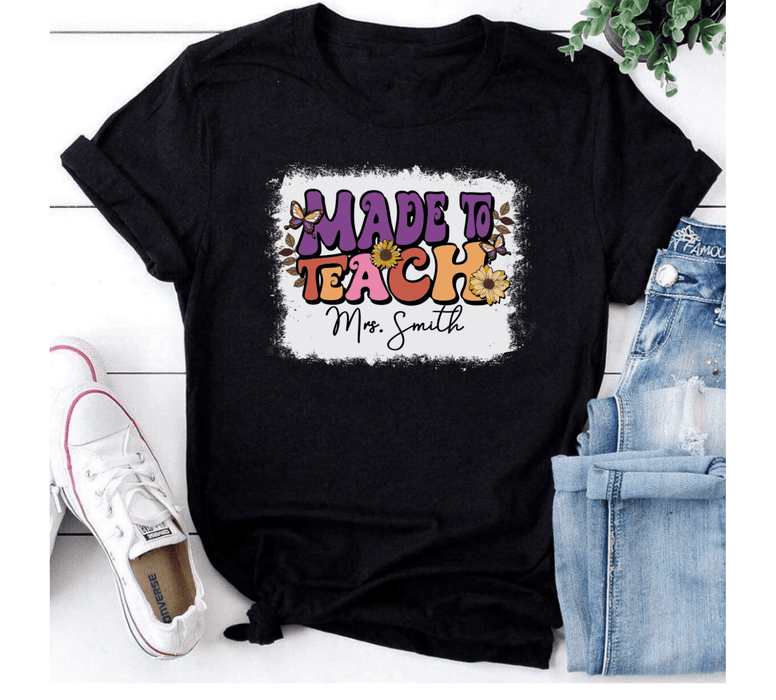 Personalized T-Shirt For Teacher Colorful Design Sunflower & Butterfly Print Custom Name Back To School Outfit