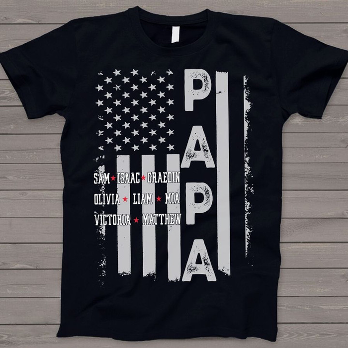 Personalized T-Shirt For Grandpa Vintage USA Flag Design Custom Grandkids Name 4th Of July Shirt