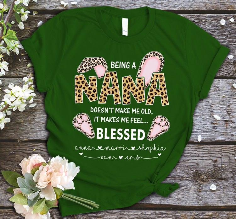 Personalized T-Shirt For Grandma Being A Nana Cute Bunny Printed Leopard Design Custom Grandkids Name Easter Day Shirt