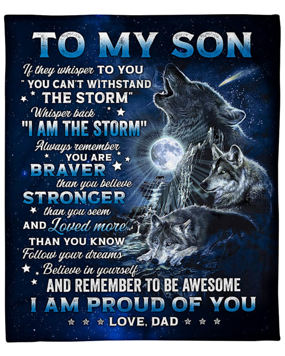 Personalized To My Son Blanket From Mom Dad Custom Name You Are Braver Stronger And Loved Wolf Gifts For Birthday