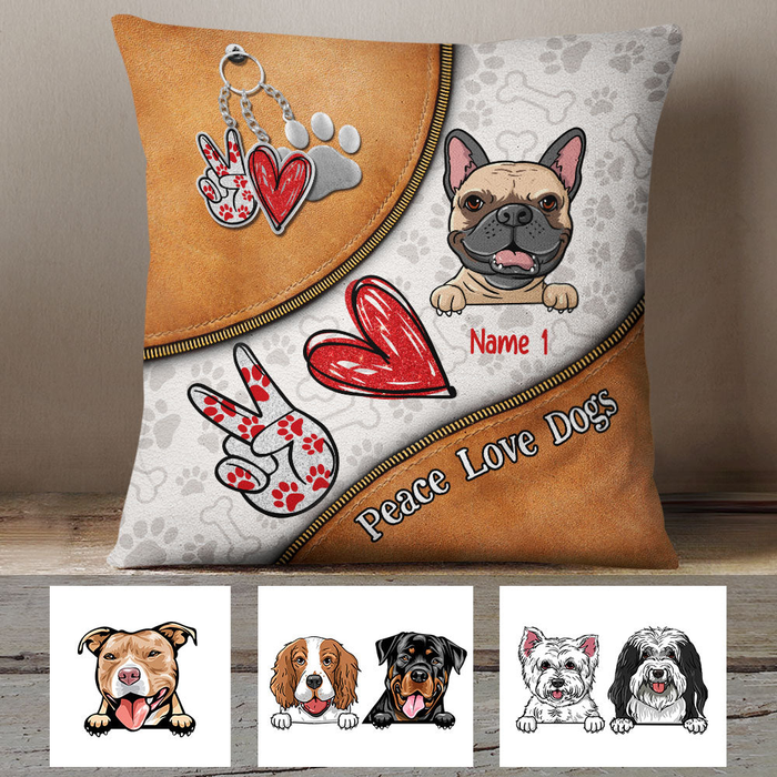 Personalized Square Pillow Gifts For Dog Owner Love Peace Heart Zipper Custom Name Sofa Cushion For Birthday Christmas