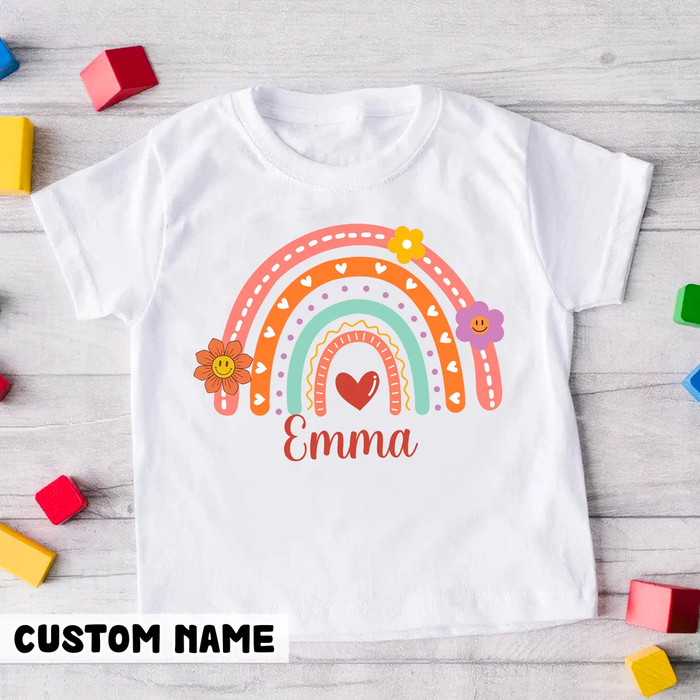 Personalized T-Shirt For Kid Colorful Rainbow With Cute Heart & Flowers Print Custom Name Back To School Outfit