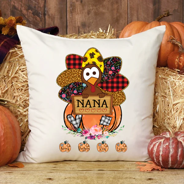 Personalized Square Pillow For Grandma Thankful Nana Turkey Pumpkins Custom Grandkids Name Sofa Cushion Christmas Gifts