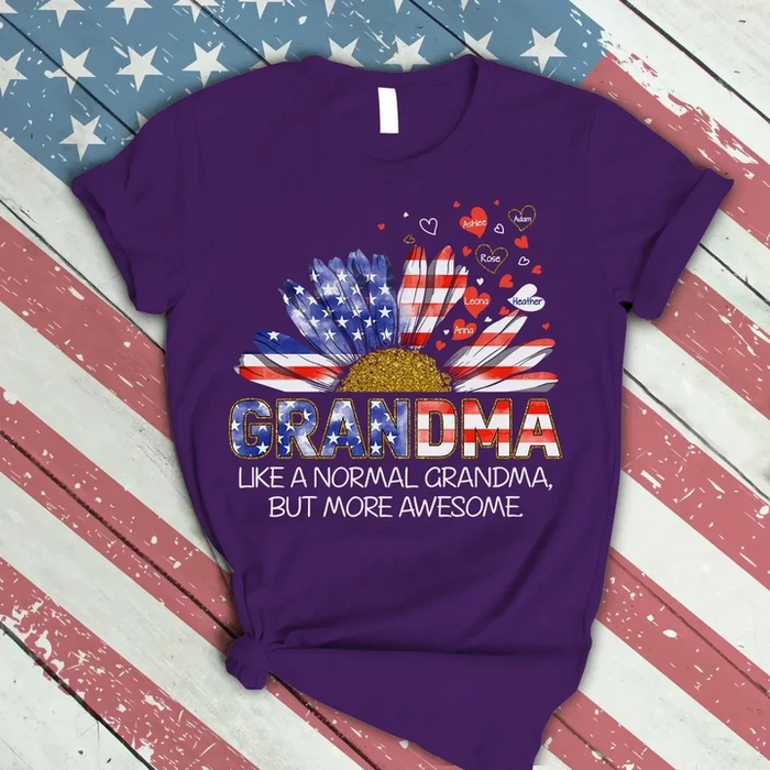 Personalized T-Shirt For Grandma Sunflower & Heart Print USA Flag Design Custom Grandkids Name 4th July Day Shirt