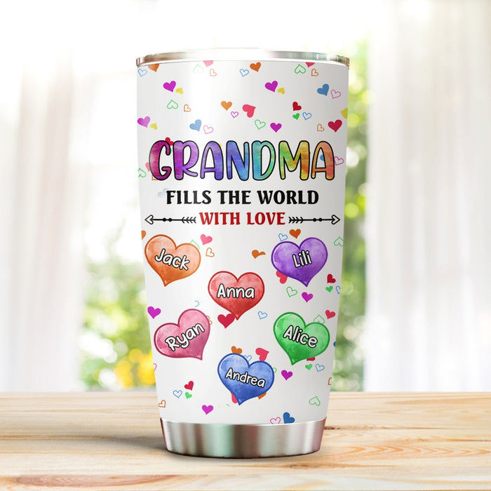 Personalized Tumbler Gifts For Grandma Fills The World With Love Colorful Hearts Custom Grandkids Name For Birthday