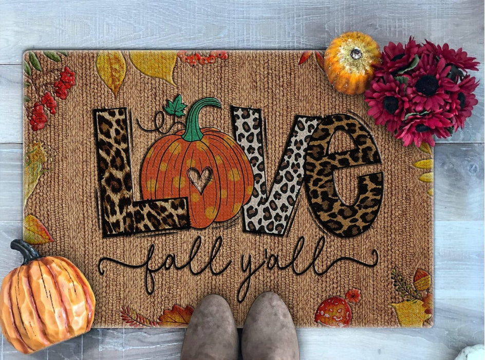 Welcome Doormat For Fall Lovers Love Fall Y'all Cute Pumpkin With Heart And Leaves Printed Leopard Polka Dot Design