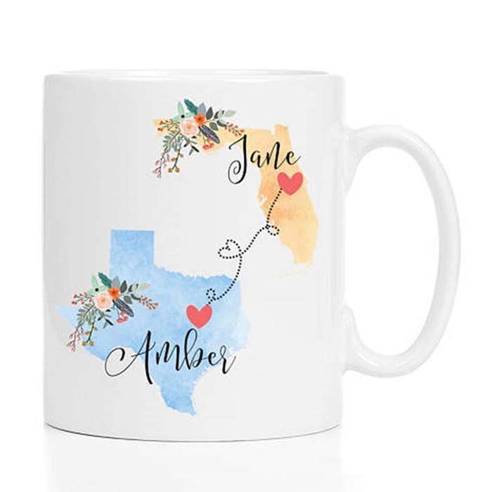Personalized Coffee Mug For Best Friend Family Two State Long Distance Flower  Custom Name White Cup Long Distance Gifts