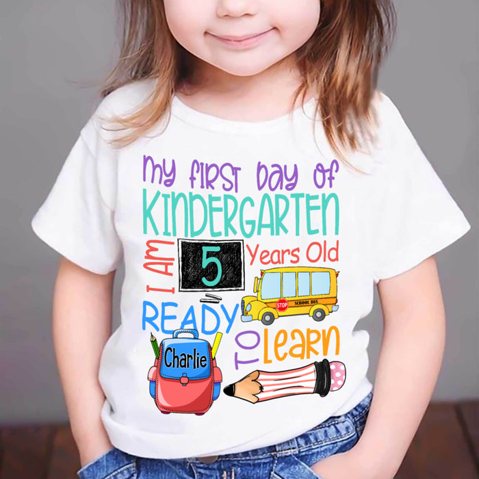 Personalized T-Shirt For Kids My First Day Of Kindergarten Pencil & Backpack Print Custom Name Back To School Outfit