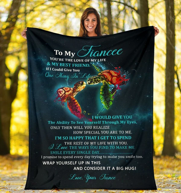 Personalized Fleece Blanket To My Fiancee You Are The Love Of My Life Romantic Turtle Couple Print Custom Name Blankets