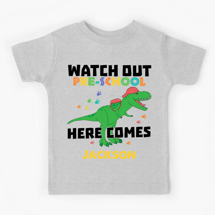 Personalized T-Shirt For Kids Watch Out Pre-School Dinosaur Print Custom Name & Grade Level Back To School Outfit