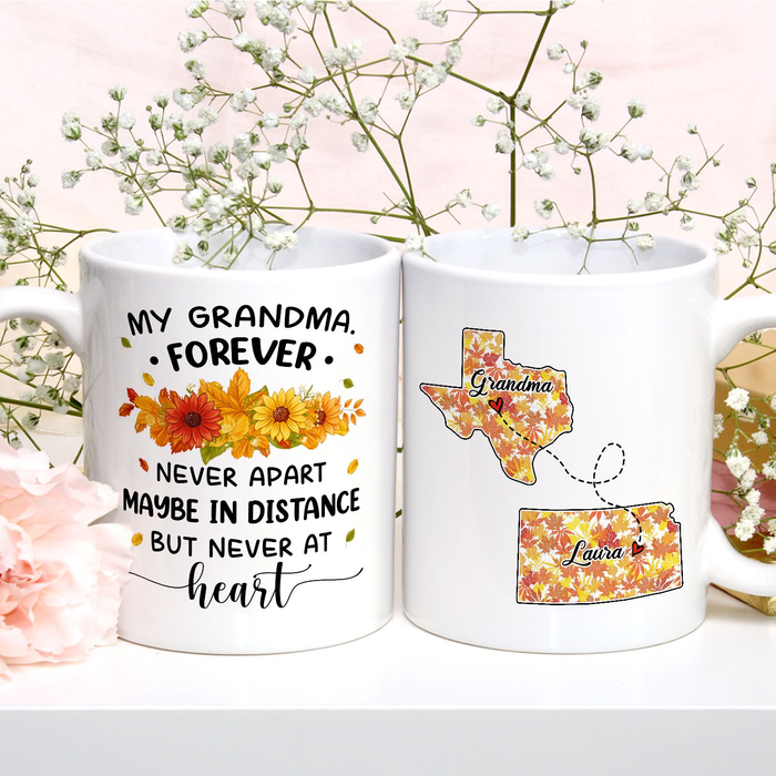 Personalized Ceramic Coffee Mug For Grandma Never Apart Autumn Flowers Design Custom Grandkids Name 11 15oz Cup