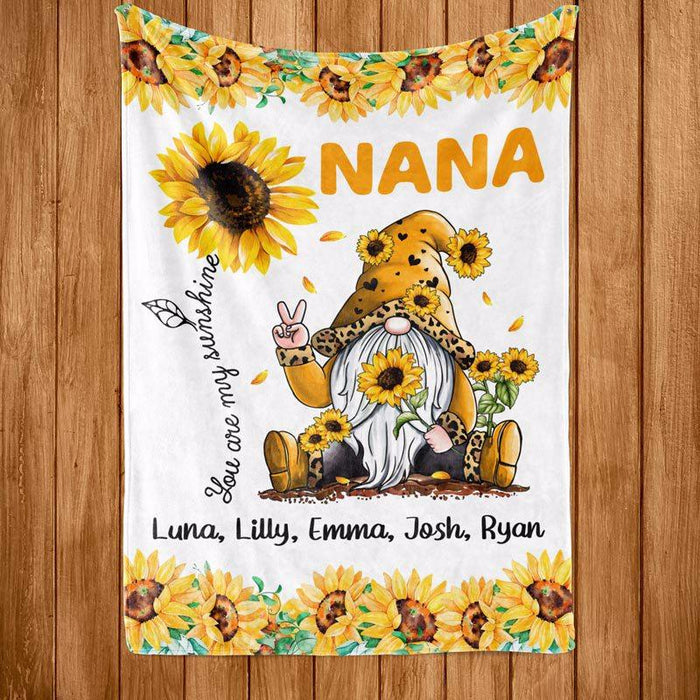 Personalized Fleece Blanket For Grandma Nana You Are My Sunshine Cute Gnome And Sunflower Printed Custom Grandkids Name