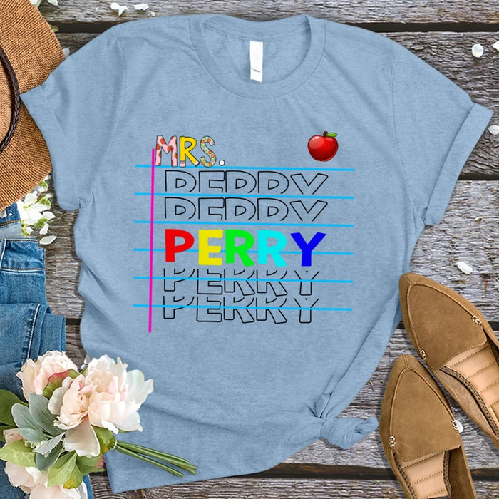 Personalized Unisex T-Shirt For Teachers Apple Print Colorful Design Custom Name Back To School Outfit