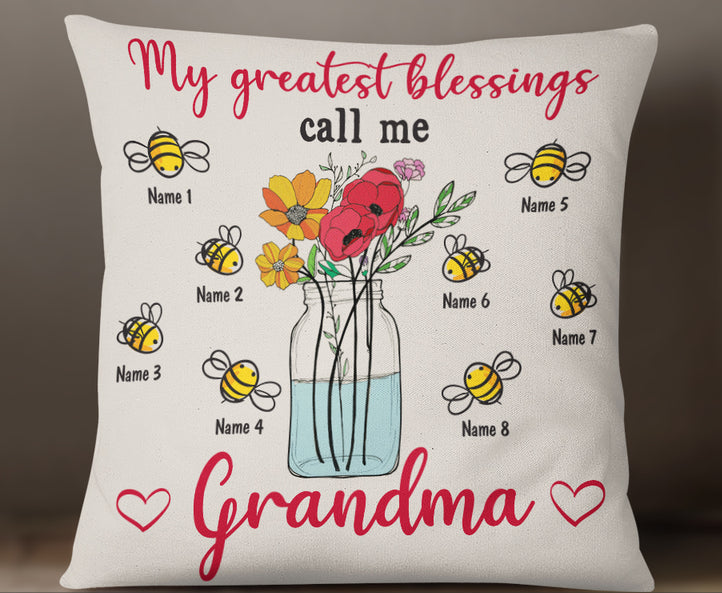 Personalized Square Pillow For Grandma My Blessing Call Me Flowers Bee Custom Grandkids Name Sofa Cushion Birthday Gifts