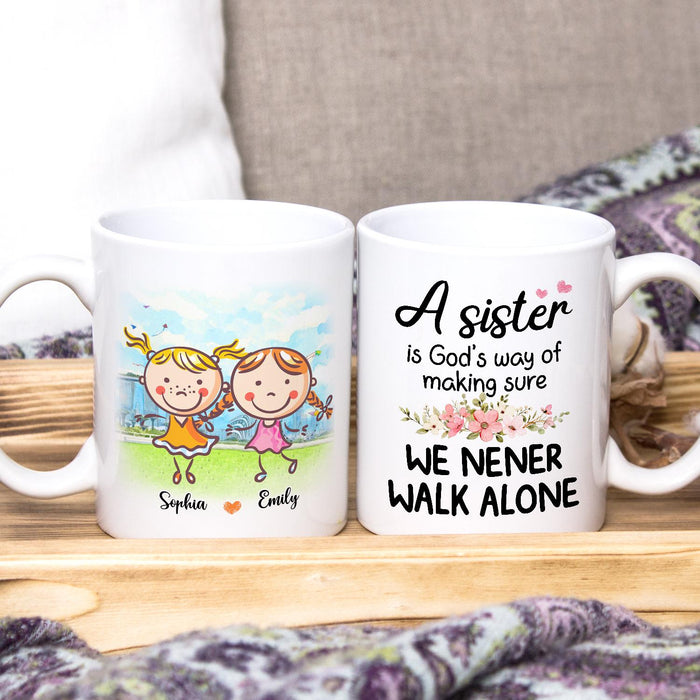 Personalized Ceramic Coffee Mug For Bestie BFF Never Walk Alone Cute Girls & Flower Print Custom Name 11 15oz Cup