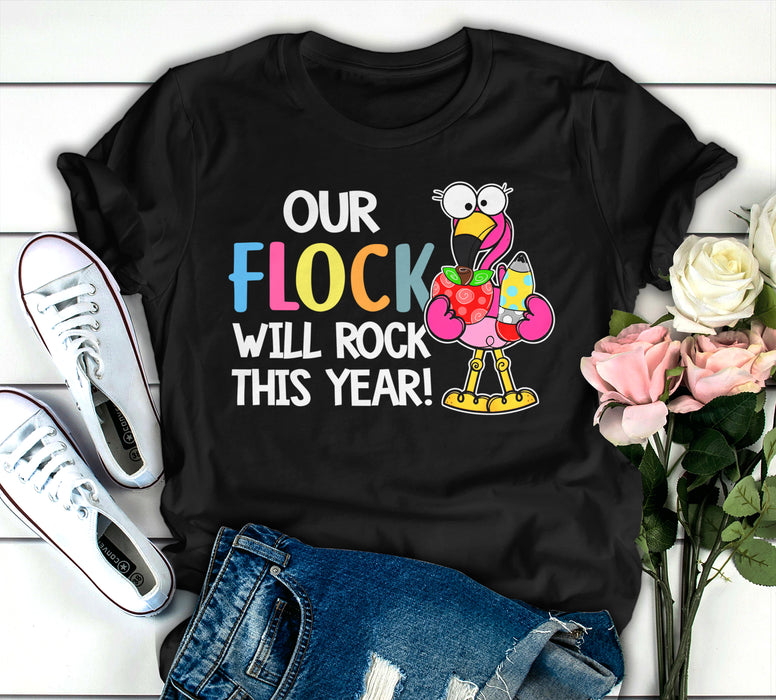 Classic T-Shirt For Teachers Our Flock Will Rocks Flamingo Design Custom Name Back To School Outfit