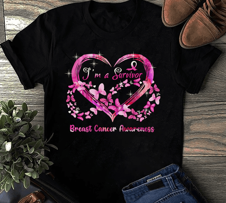 Breast Cancer Awareness T-Shirt For Girl Women Butterflies I'm A Survivor Shirt For Cancer Support Inspirational Gifts