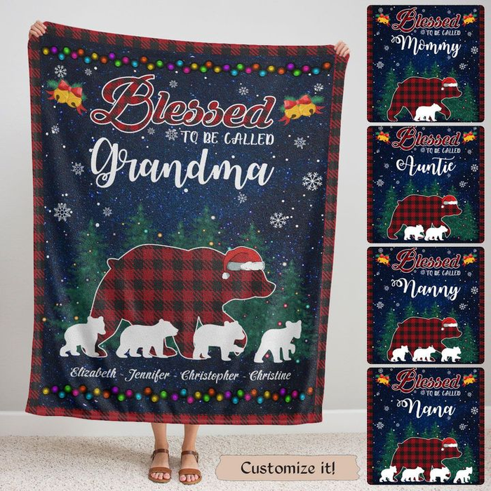 Personalized Christmas Blanket Blessed To Be Called Grandma Cute Bear With Santa Hat Printed Custom Grandkids Name