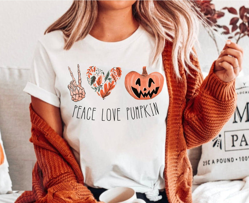 Classic T-Shirt For Women Peace Love Pumpkin Skeleton Hand Floral Heart Funny Pumpkin Printed Halloween Shirt