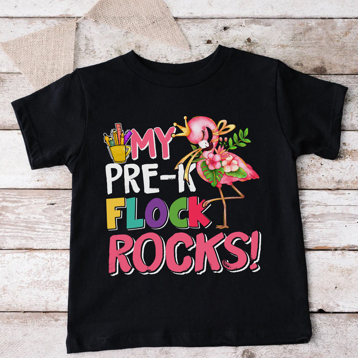 Personalized T-Shirt For Kids My Pre-K Flock Rocks Colorful Design Flamingo Print Custom Name Back To School Outfit