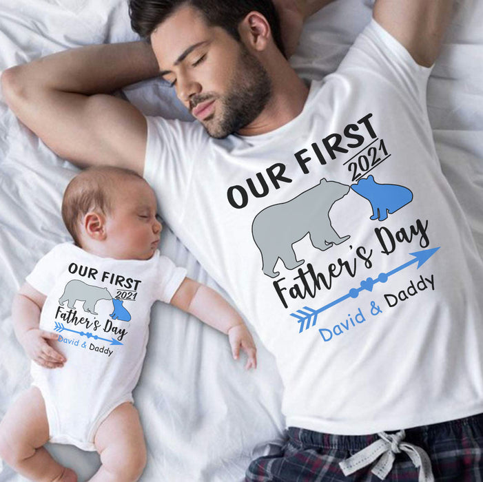 Personalized Matching T-Shirt & Baby Onesie Our First Father's Day Cute Funny Bear Custom Name Daddy & Baby Set