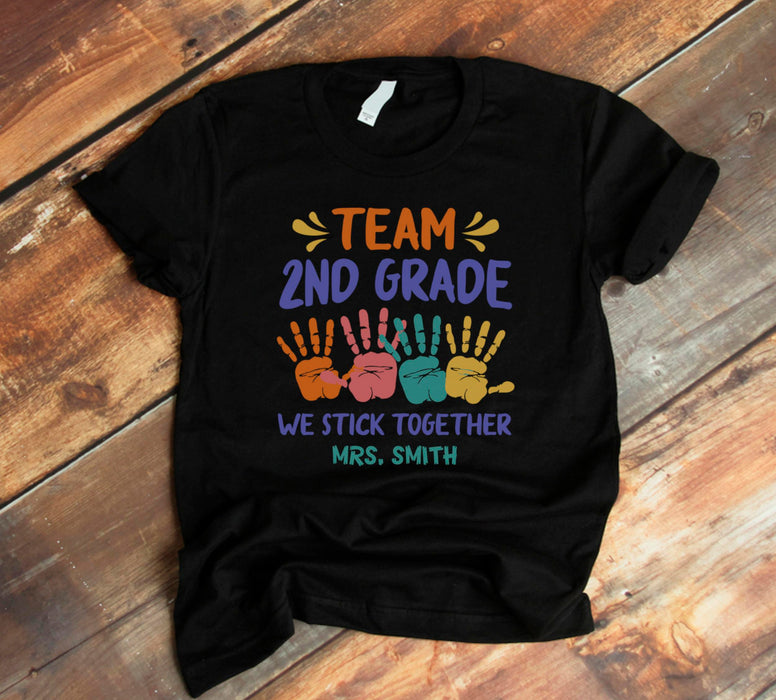 Personalized Unisex T-Shirt For Teachers Team 2nd Grade Colorful Handprint Printed Custom Name Back To School Outfit