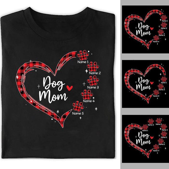 Personalized T-Shirt For Women Dog Lovers Dog Mom Red Buffalo Plaid Design Paw Prints Heart Custom Dog'S Name