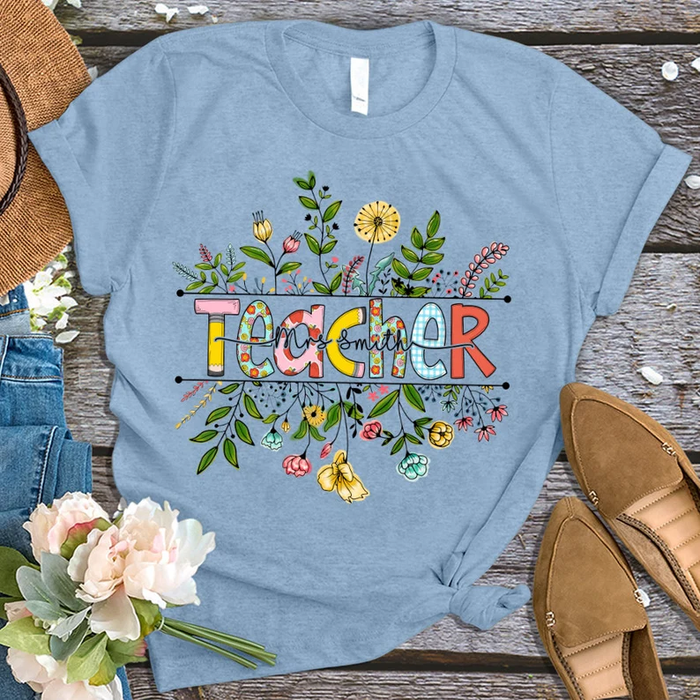 Personalized T-Shirt For Teachers Mrs. Smith Colorful Flowers Design Custom Name Back To School Outfit