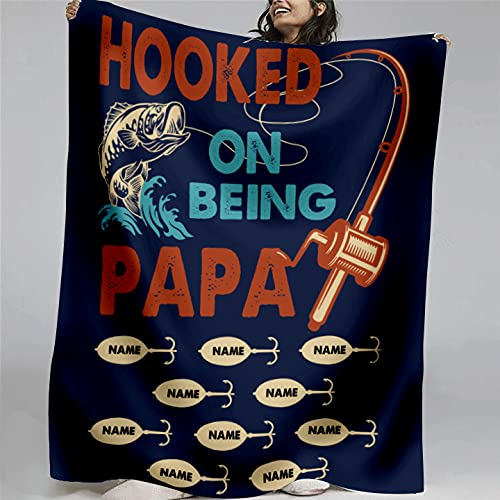 Personalized Blanket For Fishing Lovers Dad Grandpa Hooked On Being Papa Print Fish With Rod & Hooks Custom Kids Name