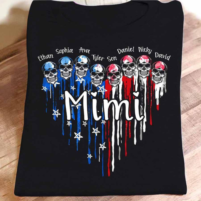 Personalized T-Shirt For Grandma Heart & Skulls With USA Flag Design Custom Grandkids Name 4th July Day Shirt