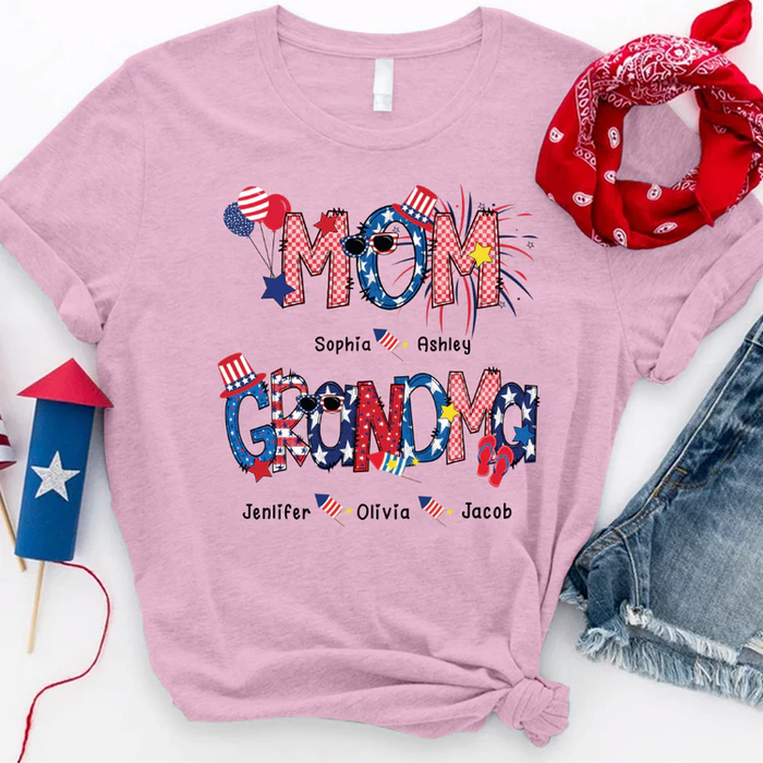 Personalized T-Shirt For Grandma Firework Firecracker USA Flag Design Custom Grandkids Name 4th Of July Shirt