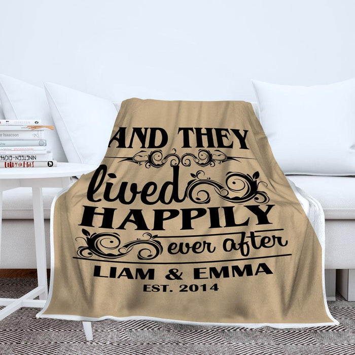 Personalized Vintage Fleece Sherpa Blanket For Couple And They Lived Happily Ever After Custom Name And Time