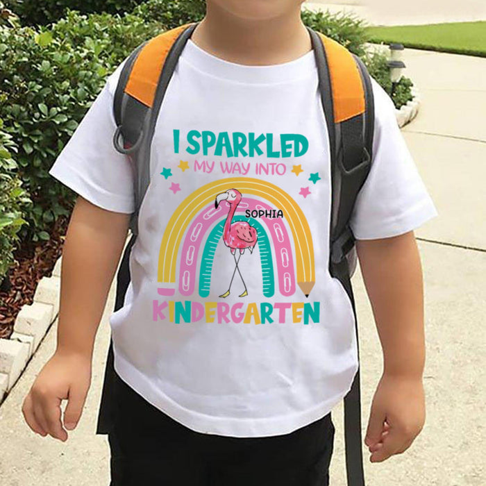 Personalized T-Shirt For Kids Sparkled My Way Into Kindergarten Colorful Design Rainbow & Flamingo Print Custom Name