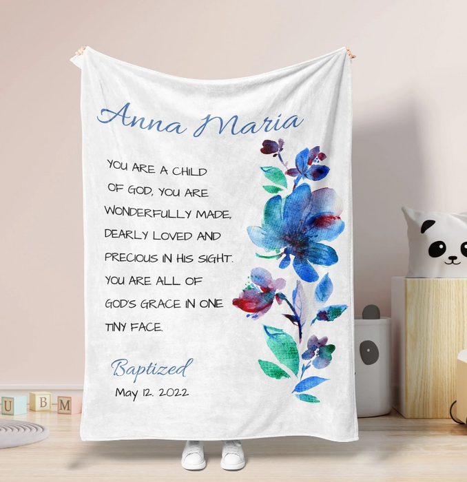 Personalized To My Godchild Blanket From Godparents Blue Flower You Are A Child Of God Custom Name Baby Baptism Gifts
