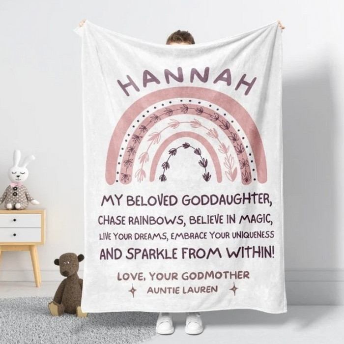Personalized To My Goddaughter Blanket From Godparents Pink Rainbow Believe In Magic Custom Name Baptism Gifts