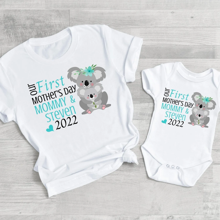 Personalized Matching T-Shirt & Baby Onesie Our First Mother'S Day Mommy & Baby Cute Koala Printed Custom Name