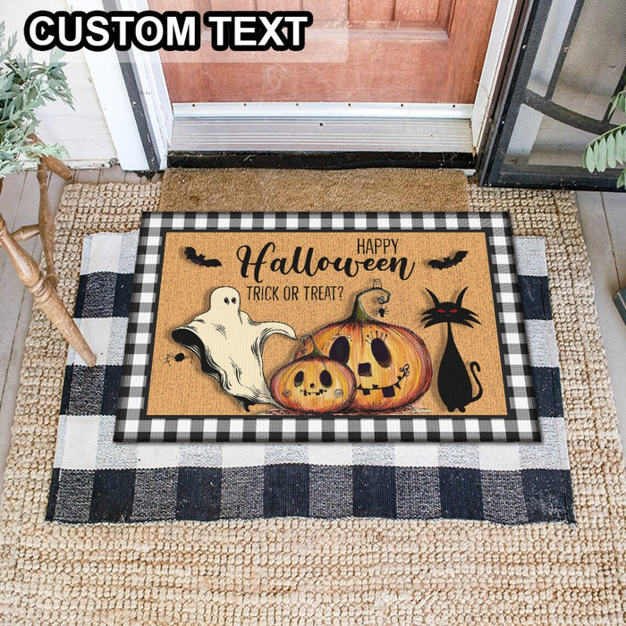 Welcome Doormat Happy Halloween Trick Or Treat Funny Pumpkin With Ghost And Black Cat Printed Plaid Design Doormat
