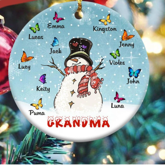 Personalized Ornament For Grandmother From Grandchildren Snowman Butterflies In Winter Custom Name Gifts For Christmas