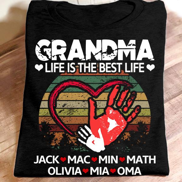Personalized T-Shirt For Grandma Vintage Style With Heart And Handprint Printed Custom Grandkids Name