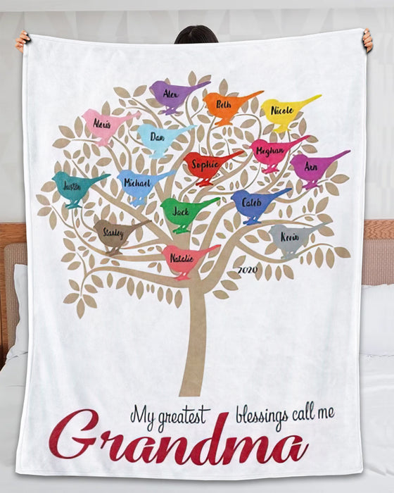 Personalized Grandma Blanket For Mothers Day Color Bird Tree Printed Blanket Custom Title & Grandkids Name