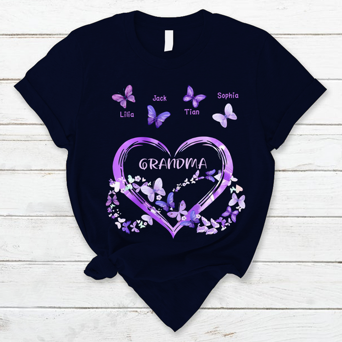 Personalized T-Shirt For Mom Grandma Heart & Infinity Symbol With Butterfly Printed Custom Grandkids Name