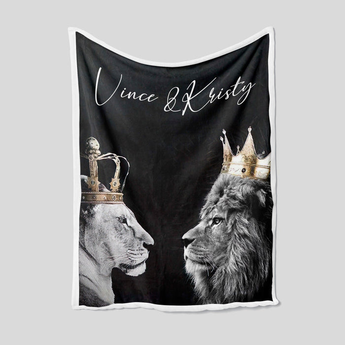 Personalized Couple Blanket For Husband Wife Lions With Crown Printed Custom Name Love Blanket For Valentines