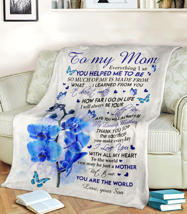 Personalized Blanket To My Mom From Son My Loving Mother Blue Orchid Flower And Butterfly Print Custom Name