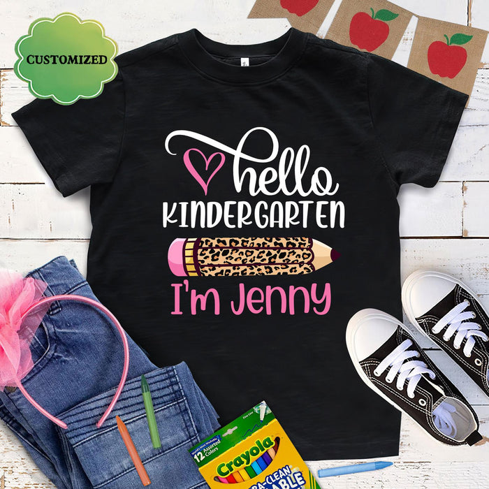 Personalized T-Shirt For Kids Hello Kindergarten Leopard Pencil Printed Custom Name Grade Level Back To School Outfit